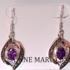 Marcasite Earrings with Purple Crystal Stone Silver plated.